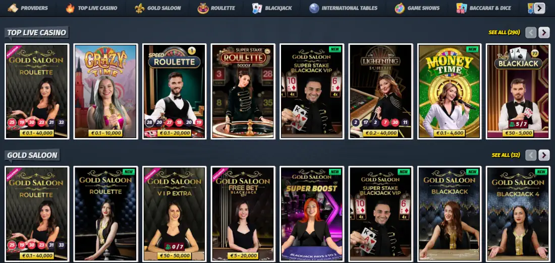 Giochi da casinò con croupier dal vivo e lobby di giochi da tavolo.